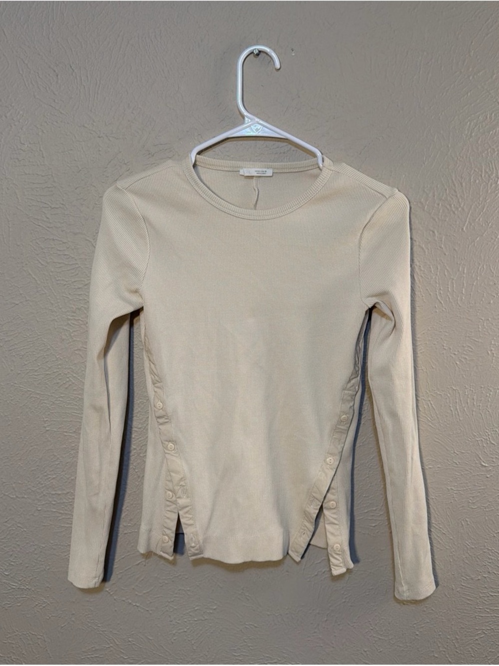 Zara Cream Long Sleeve Ribbed Top with Side Button Detail